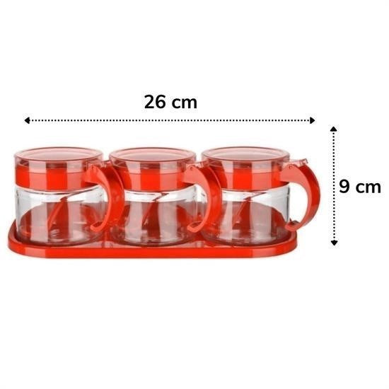 GENEL®  Kırmızı 3lü Standlı Kapaklı Kaşıklı Cam Hava Sızdırmaz Baharatlık Takımı  KC-386