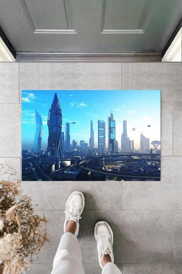Dijital Gelecek Dünya Şehir Mavi Kapı Paspası Dış Mekan Paspas K-2116 - UcuzaGeliyor