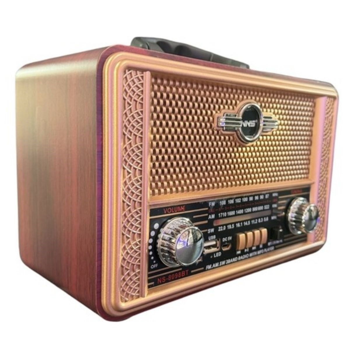 BUFFER® Retro, Nostaljik, Ahşap Tasarım Bluetooth Hoparlörlü, Şarjlı, Taşınabilir Otantik Tasarımlı FM/AM Destekli Radyo NS8098