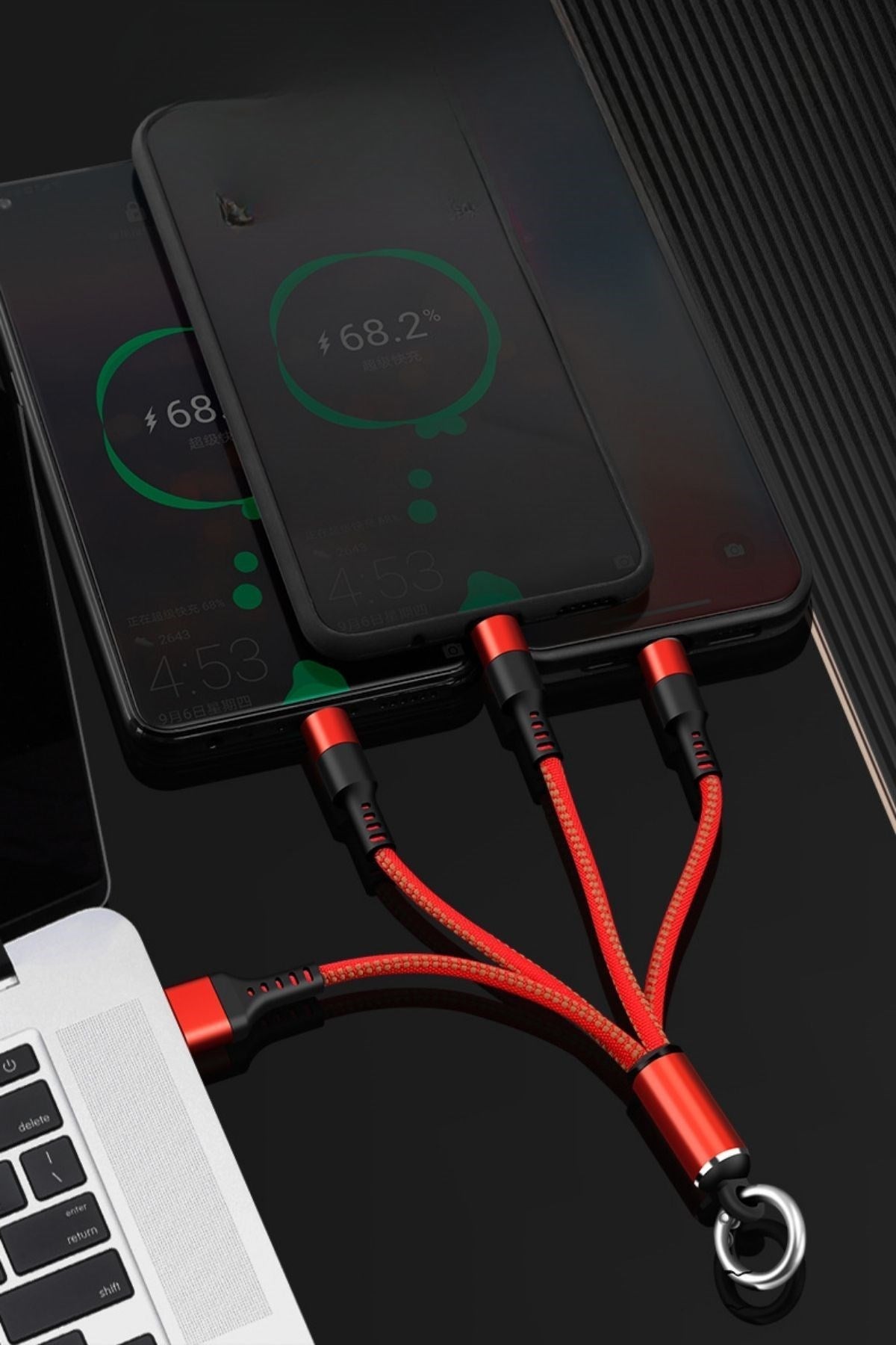 BUFFER® Işıklı Anahtarlık Model 3 in 1 USB Çıkışlı MİKRO,TYPE-C ve İphone Uyumlu Şarj Kablosu