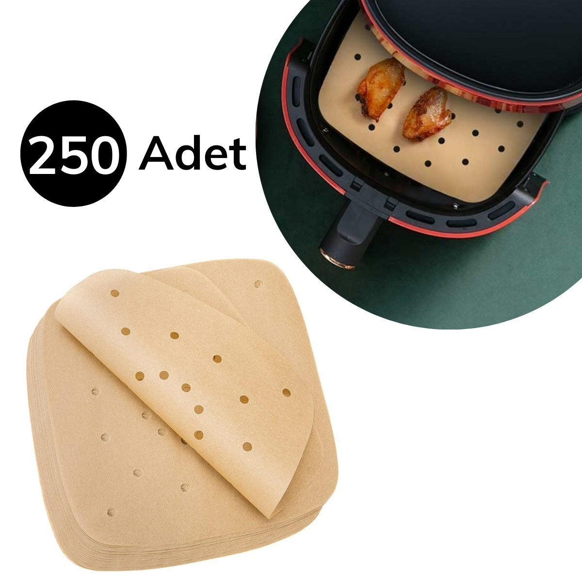 GENEL® 250 Adet Air Fryer Pişirme Kağıdı Tek Kullanımlık Hava Fritöz Yağ Geçirmez Yapışmaz Gıda Pişirme Kağıdı Delikli Kare Model