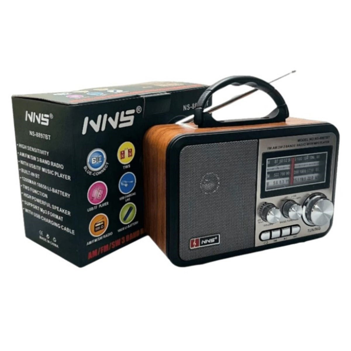 BUFFER® Orta Boy Retro, Nostaljik, Ahşap Tasarım Bluetooth Hoparlörlü, Şarjlı, Taşınabilir FM/AM Destekli Radyo NS-8897