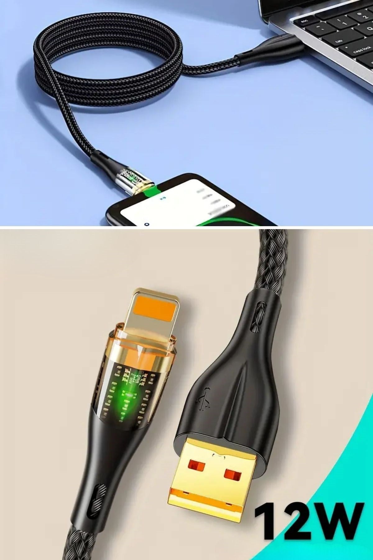 GENEL® Led Işık Uçlu Sağlam İp Kablolu USB to Lightning Hızlı Şarj Kablosu