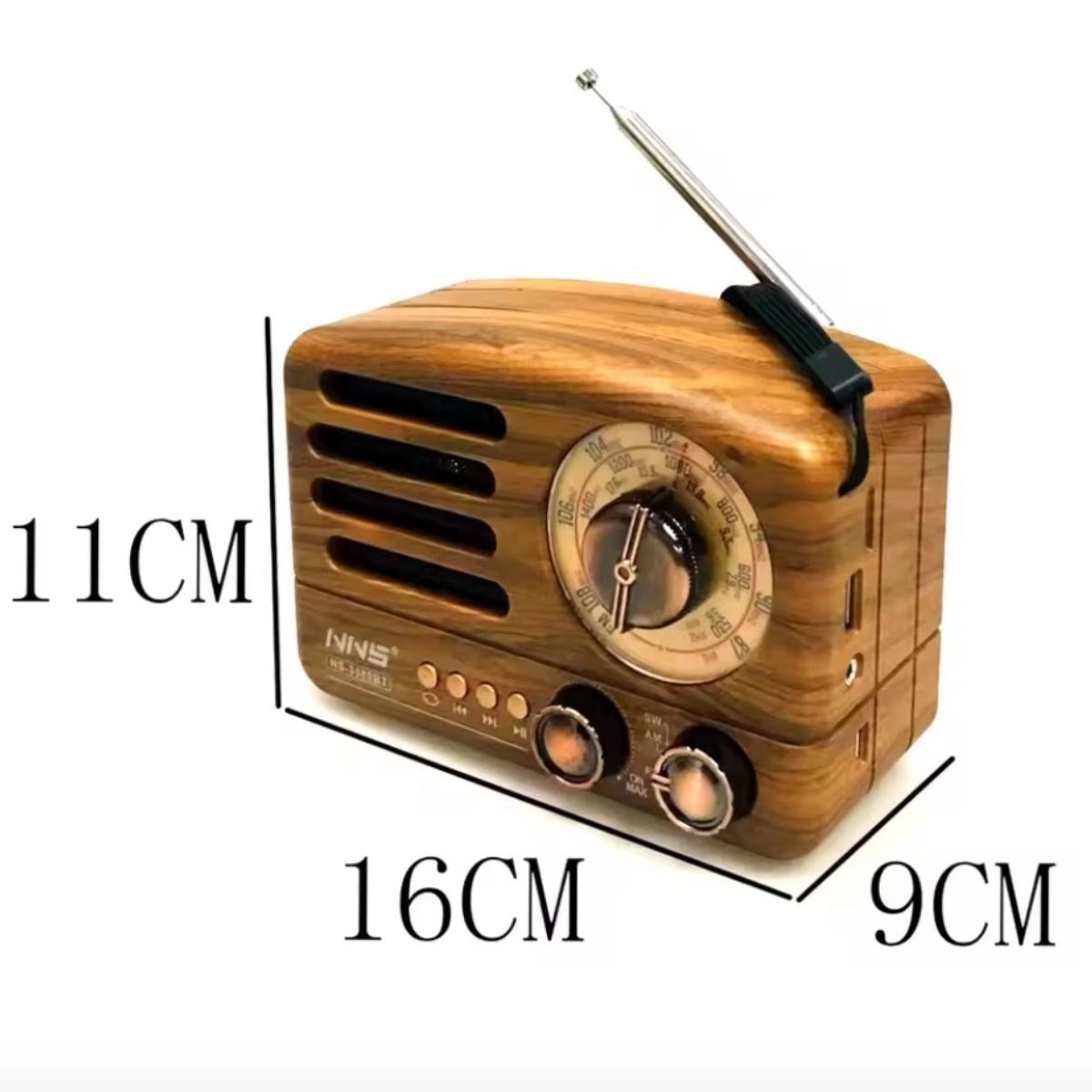 BUFFER® Küçük Boy Retro, Nostaljik, Ahşap Tasarım Bluetooth Hoparlörlü, Şarjlı, Taşınabilir Büyük Döndürülebilen Düğmeli FM/AM Destekli Radyo NS3380