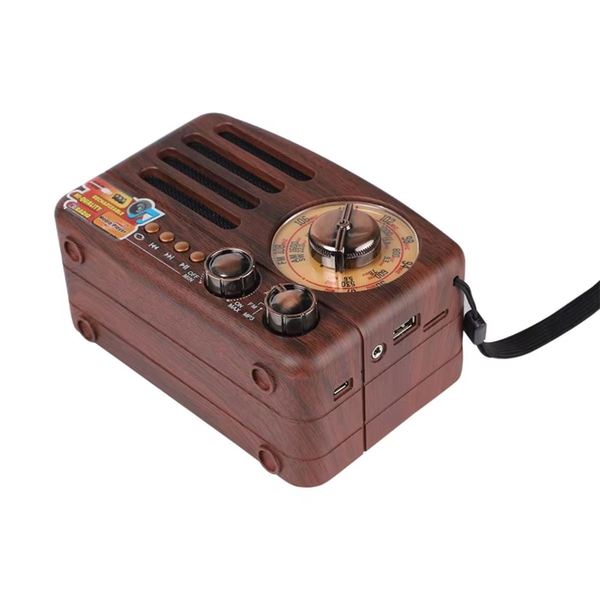 BUFFER® Küçük Boy Retro, Nostaljik, Ahşap Tasarım Bluetooth Hoparlörlü, Şarjlı, Taşınabilir Büyük Döndürülebilen Düğmeli FM/AM Destekli Radyo NS3380