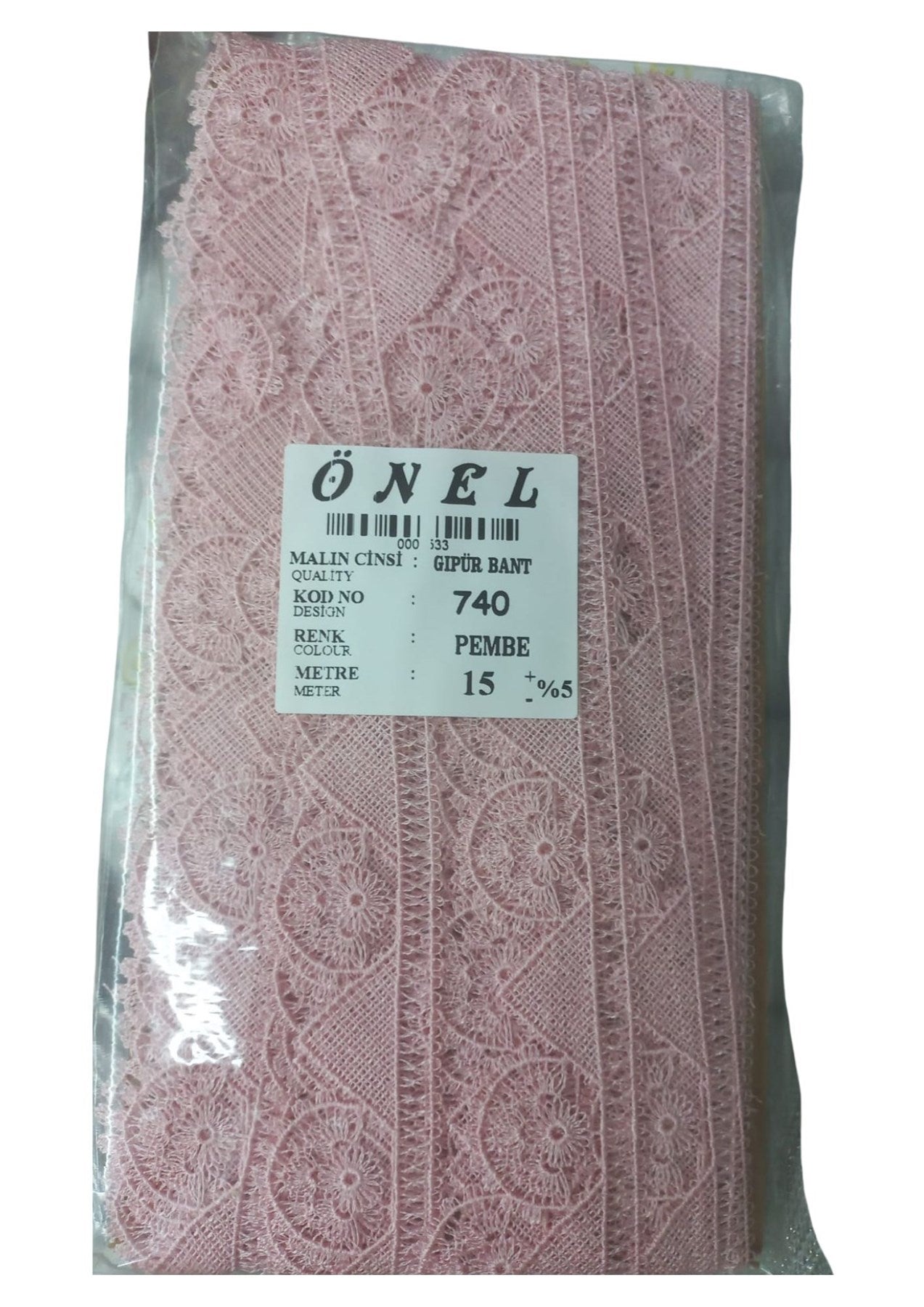 Dantel Polyester Güpür Bant Pembe 15 Metre En 3 cm ON-740-P