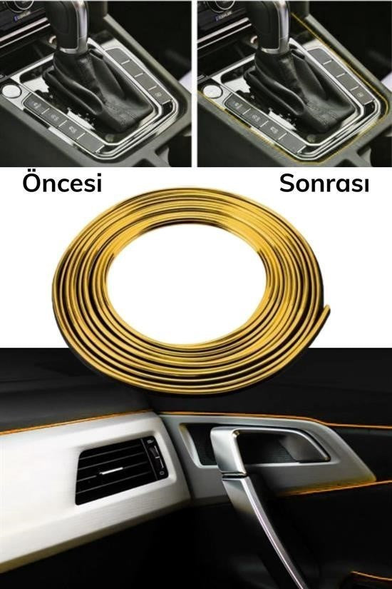 GENEL® Gold Araba Oto Trim Dekorasyon Şeridi Kauçuk Elastik Kolay Kurulum 5 metre Şerit Bant