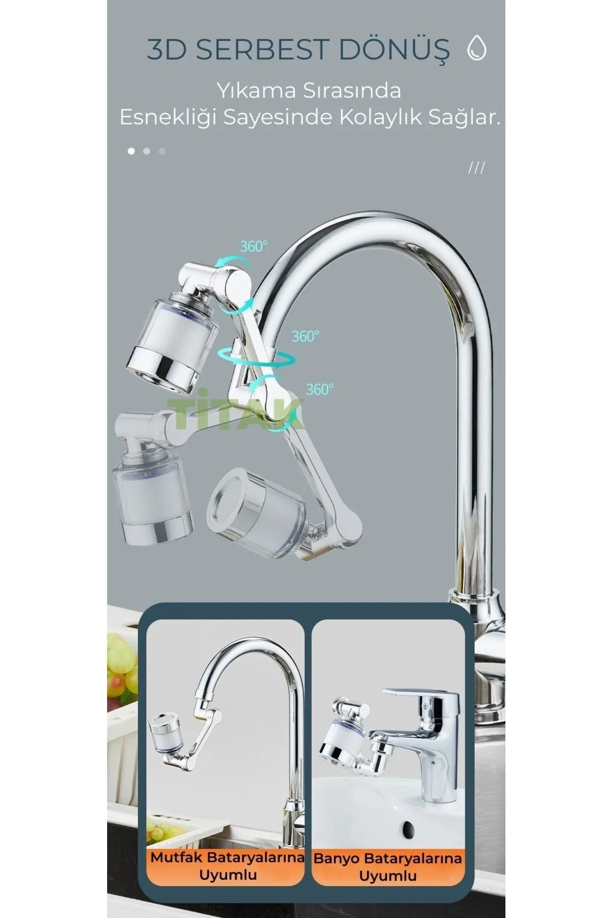 Filtreli Mutfak Banyo Musluk Başlığı 1080 Derece Dönebilen Fonksiyonel Evrensel Büyük Boy