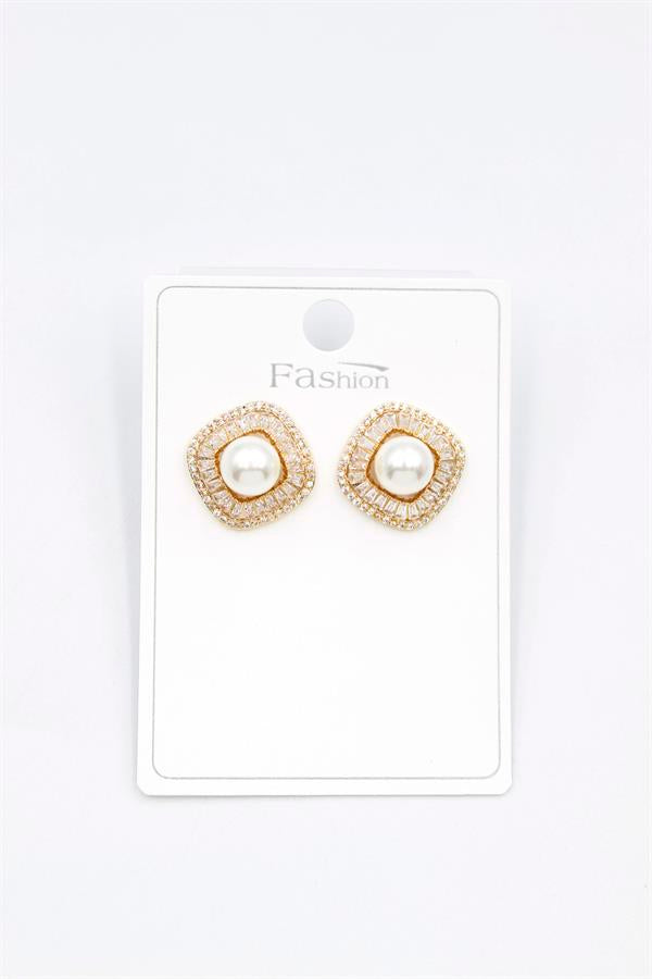 İncili Baget Taşlı Küpe - Altın