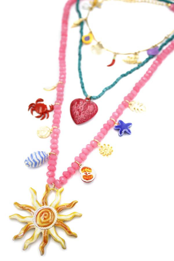 Boncuklu Güneş Kolye - Pembe