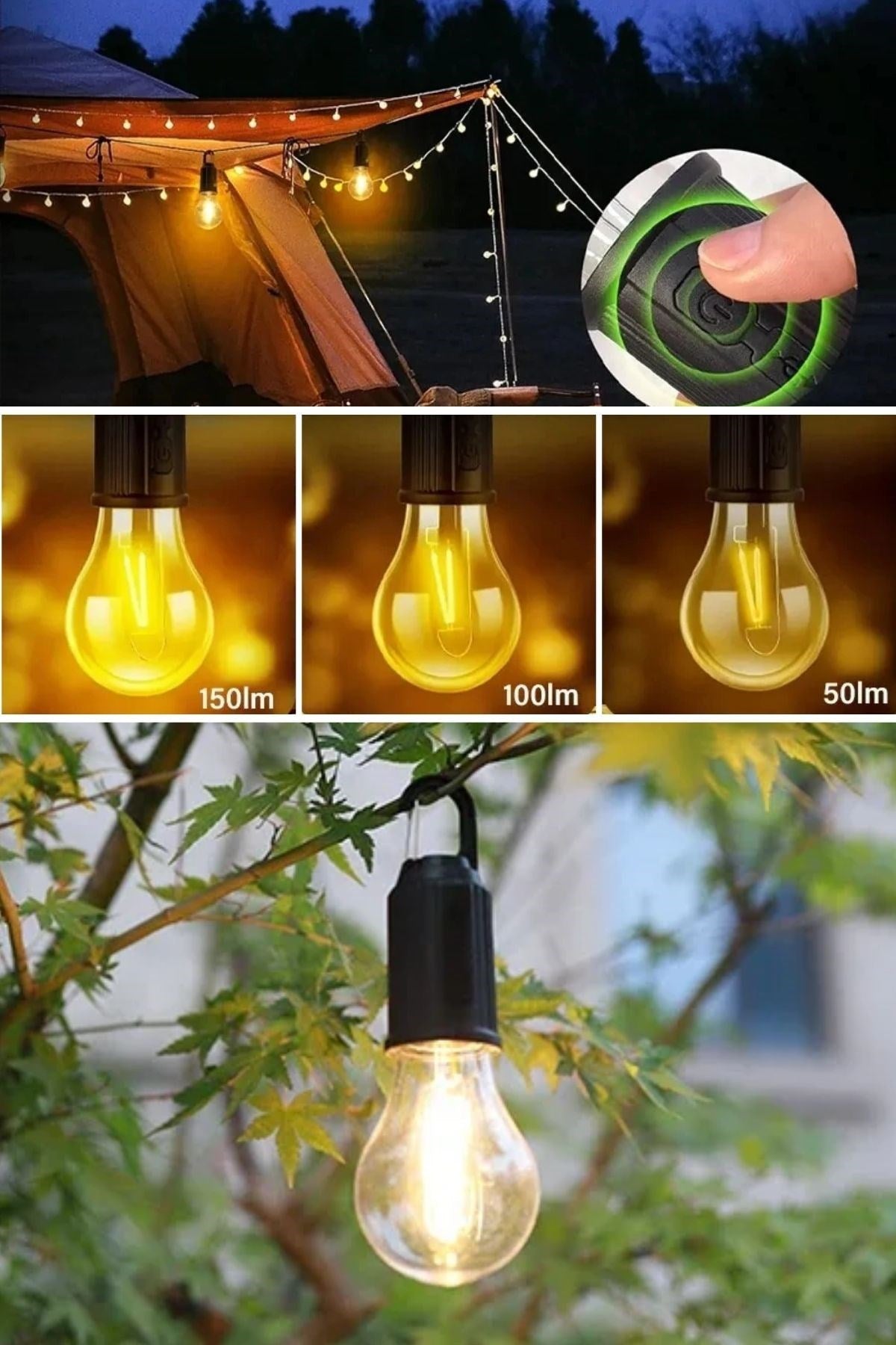 BUFFER® Şarj Olabilen 3 Farklı Mod LED'li Kendiliğinden Asma Kancalı Kamp,Dış Cephe Lambası