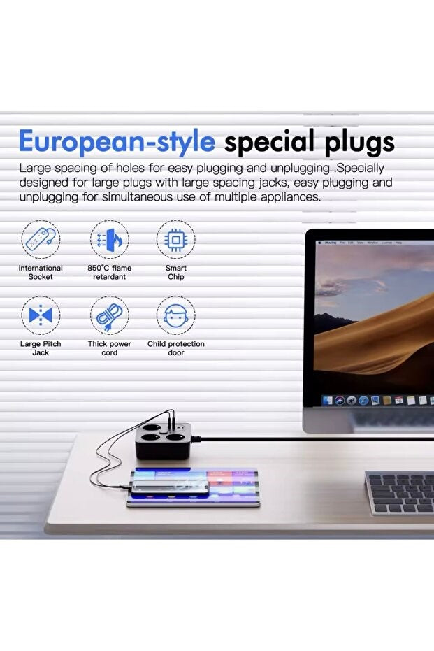 Aşırı Yük Koruyucu Avrupa Soket Kartı Tip-C Usb 2 m Uzatma Kablosu  Emniyet Anahtarı ile