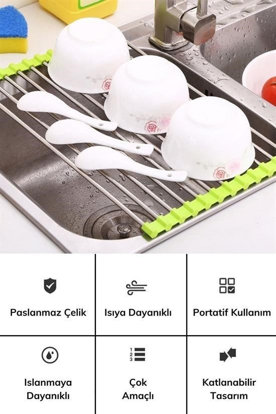 GENEL® Evye Üstü Katlanır Nihale Paslanmaz Çelik Pratik Sebze Meyve Bulaşık Kurutma Süzgeci