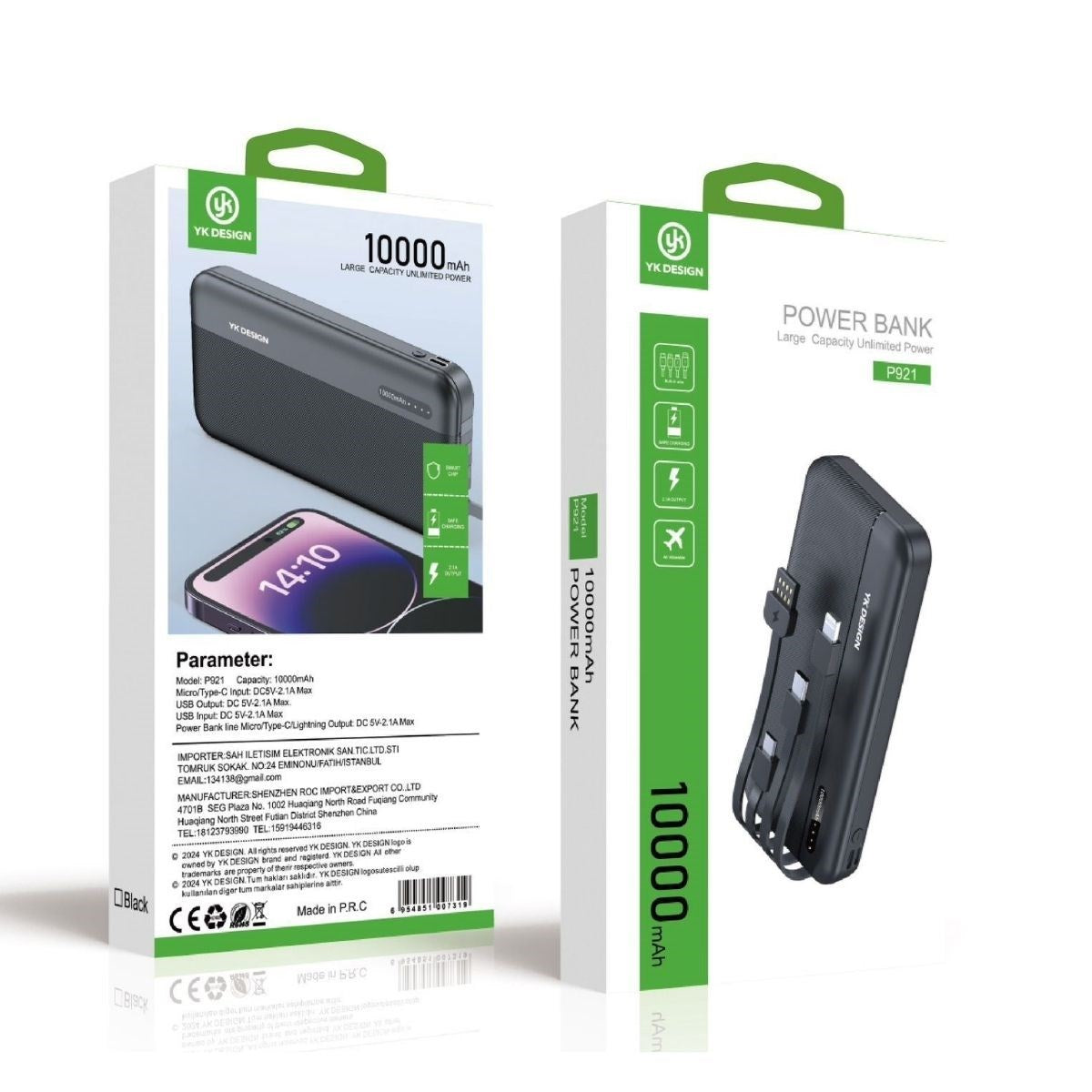 BUFFER® 10000 mAh Micro Type-C USB Lightning 4 Kablolu Hızlı Kablosuz Şarj Powerbank