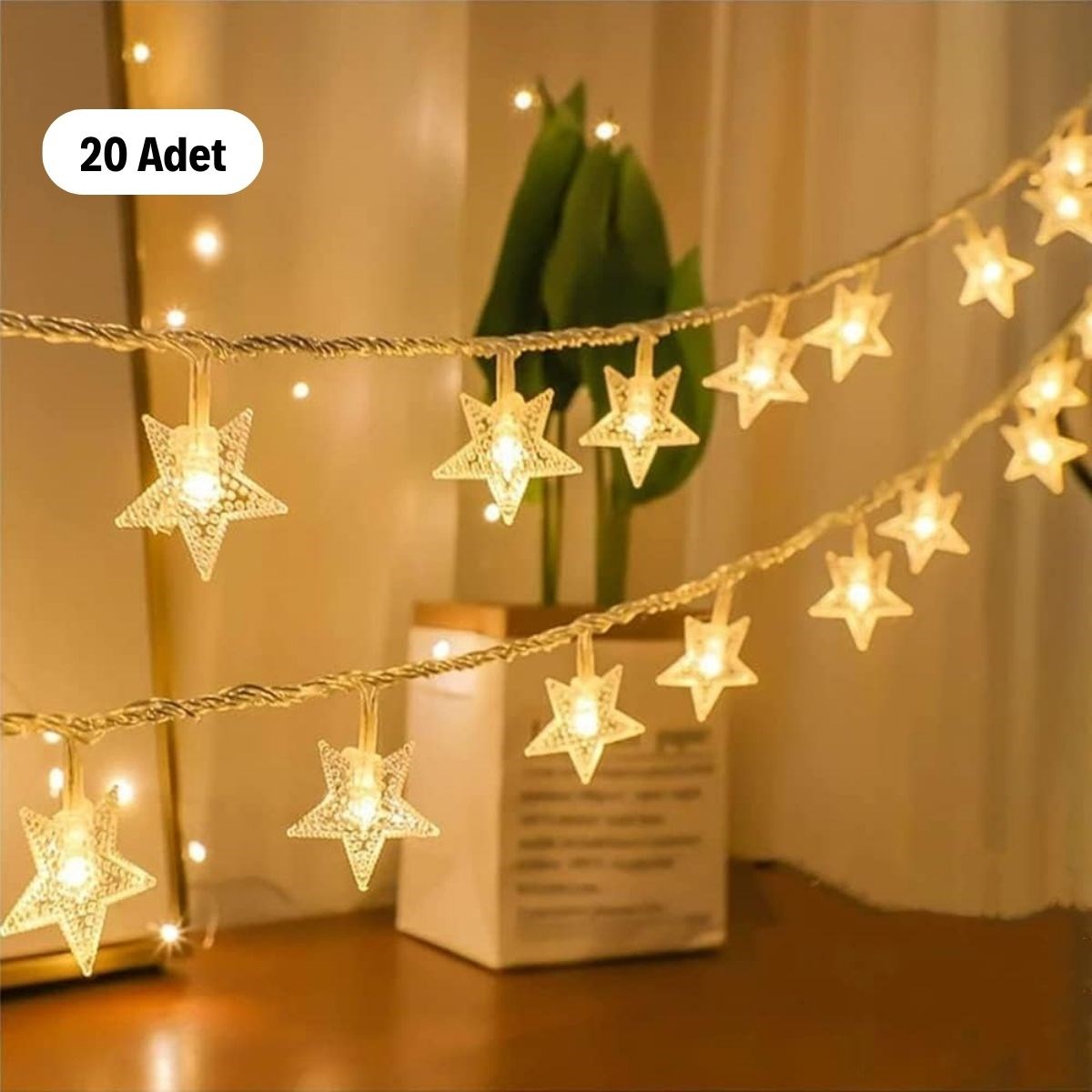 BUFFER® 20 Adet Mini Yıldız Led 5 Metre Günışığı Rengi Dekoratif Led