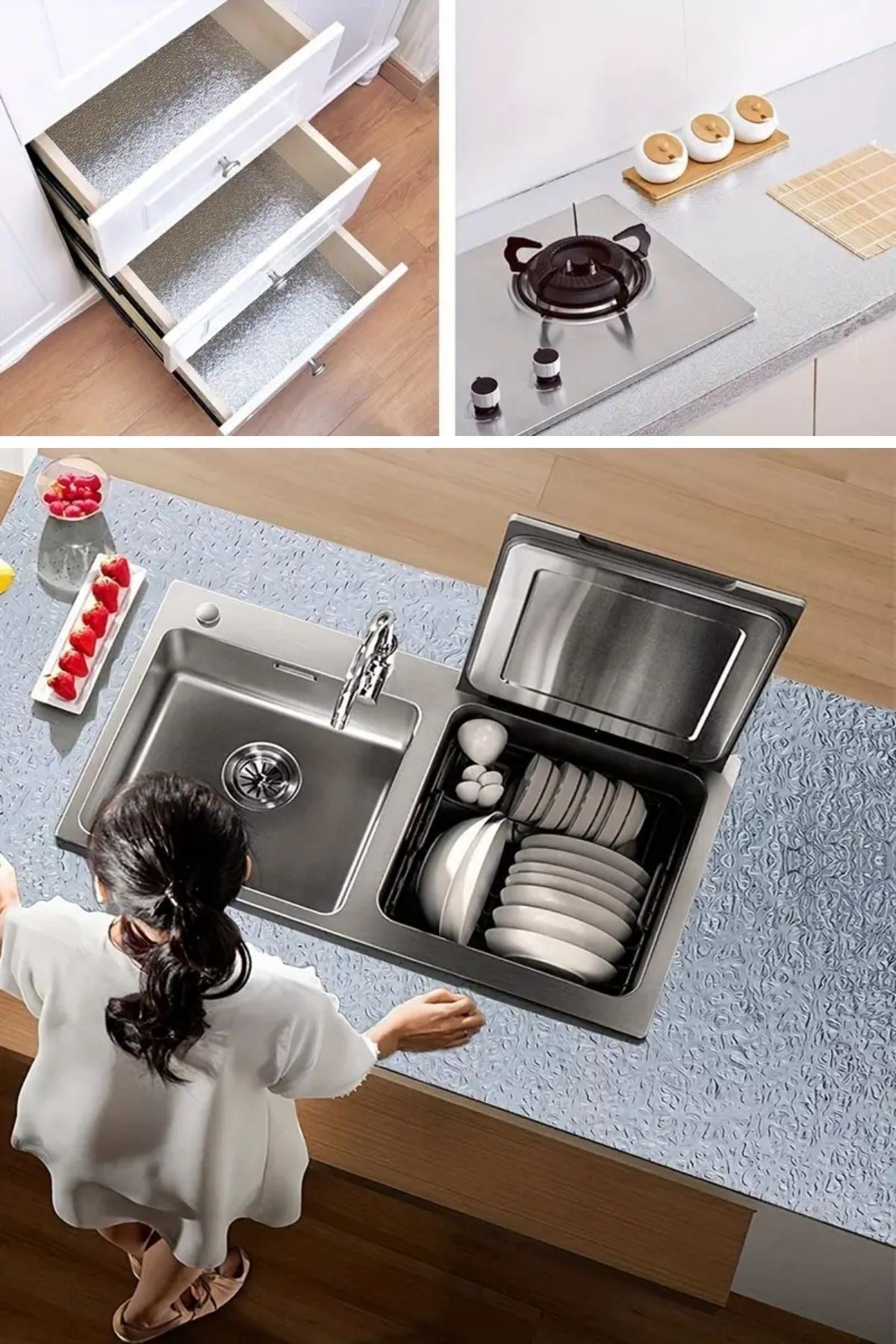 BUFFER® Rulo Gümüş Alüminyum Folyo Duvar Kağıdı, Kendinden Yapışkanlı Raf İçi, Su Geçirmez Folyo  2 mt x 60 cm