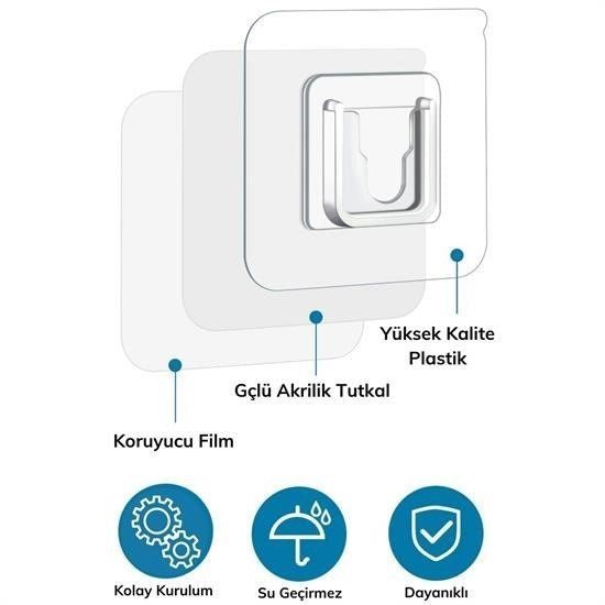BUFFER® Eşya Sabitleme Askısı 10 Çift Şeffaf Çift Taraflı Yapışkanlı Geçmeli Klips