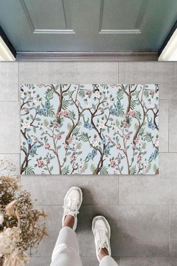 Dijital Daldaki Kuşlar Mavi Kapı Paspası Dış Mekan Paspas K-3052