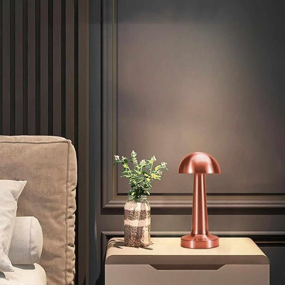 BUFFER® Mantar Model Bronz Renk Şarjlı Dokunmatik 3 Renkli LED Masa Lambası