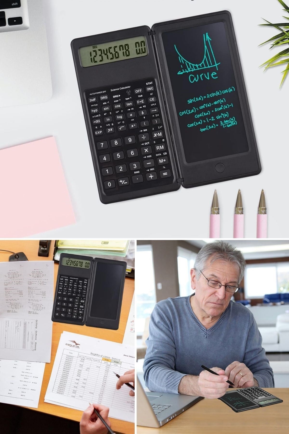 BUFFER® Silinebilir LCD Yazı Tabletli,Kalemli Katlanabilir Bilimsel Hesap Makinesi