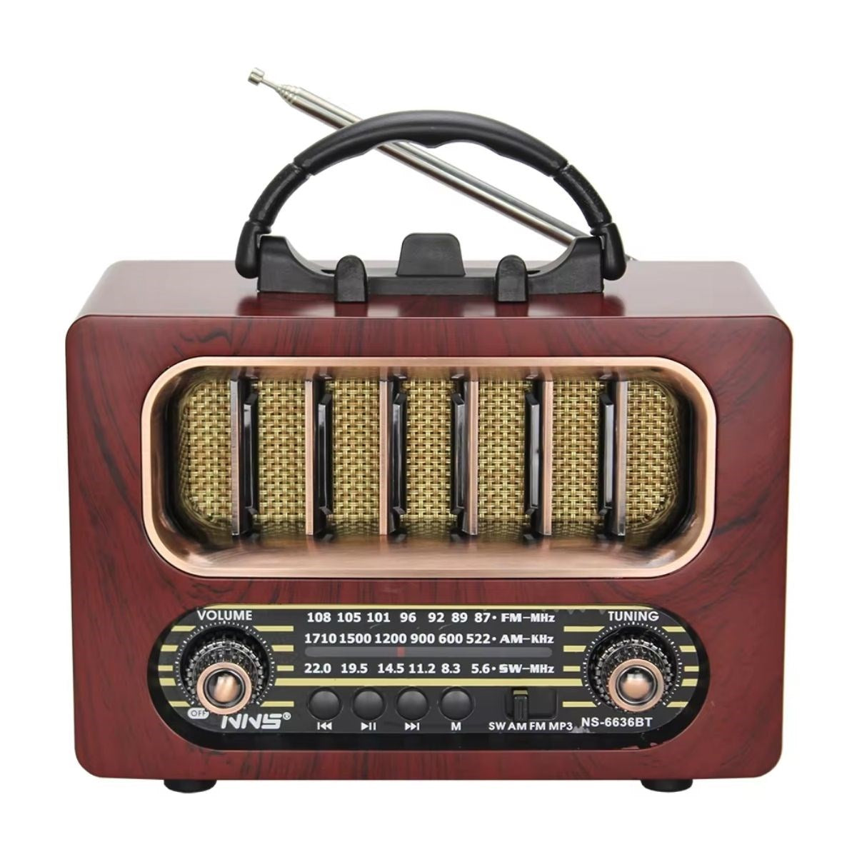 BUFFER® Orta Boy Retro Ahşap Tasarım Bluetooth Hoparlörlü Radyo - FM/AM Destekli, Şarjlı ve Taşınabiliri Radyo NS-6636