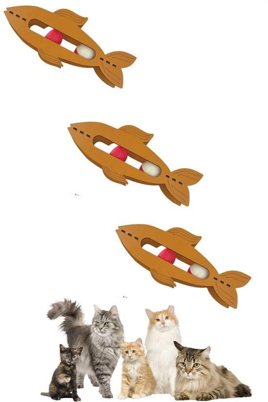 BUFFER®  Kediler İçin Ahşap 2 Toplu Eğimli  Sevimli Balık Şeklinde Eğitim Amaçlı Oyuncak