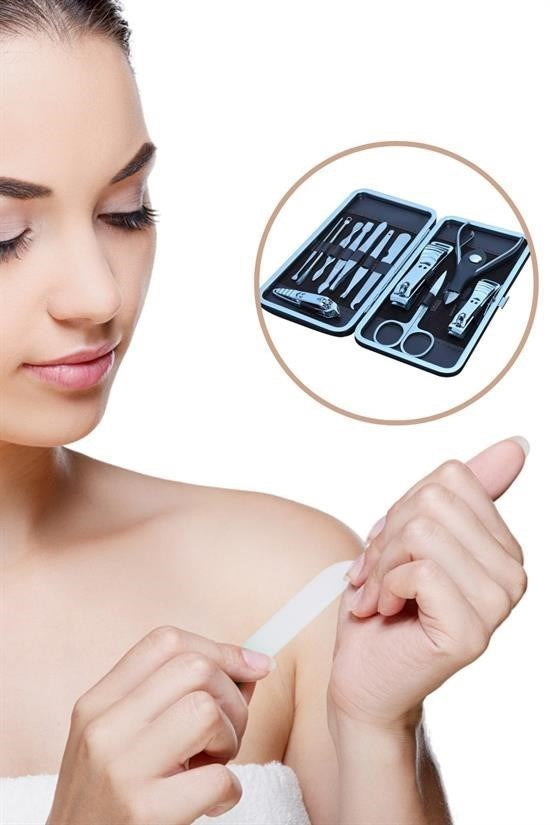 BUFFER® Çantalı Manikür Pensi Profesyonel ve Manikür Pedikür Seti 13 Parça Tırnak Eti İtici Ve Cımbı