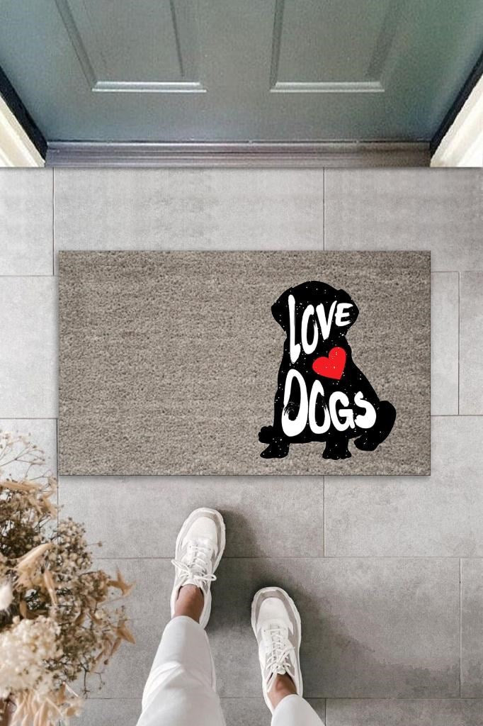 Dijital Baskı Gri Love Dogs Köpekli Dekoratif Kapı Paspası K-2071 - UcuzaGeliyor
