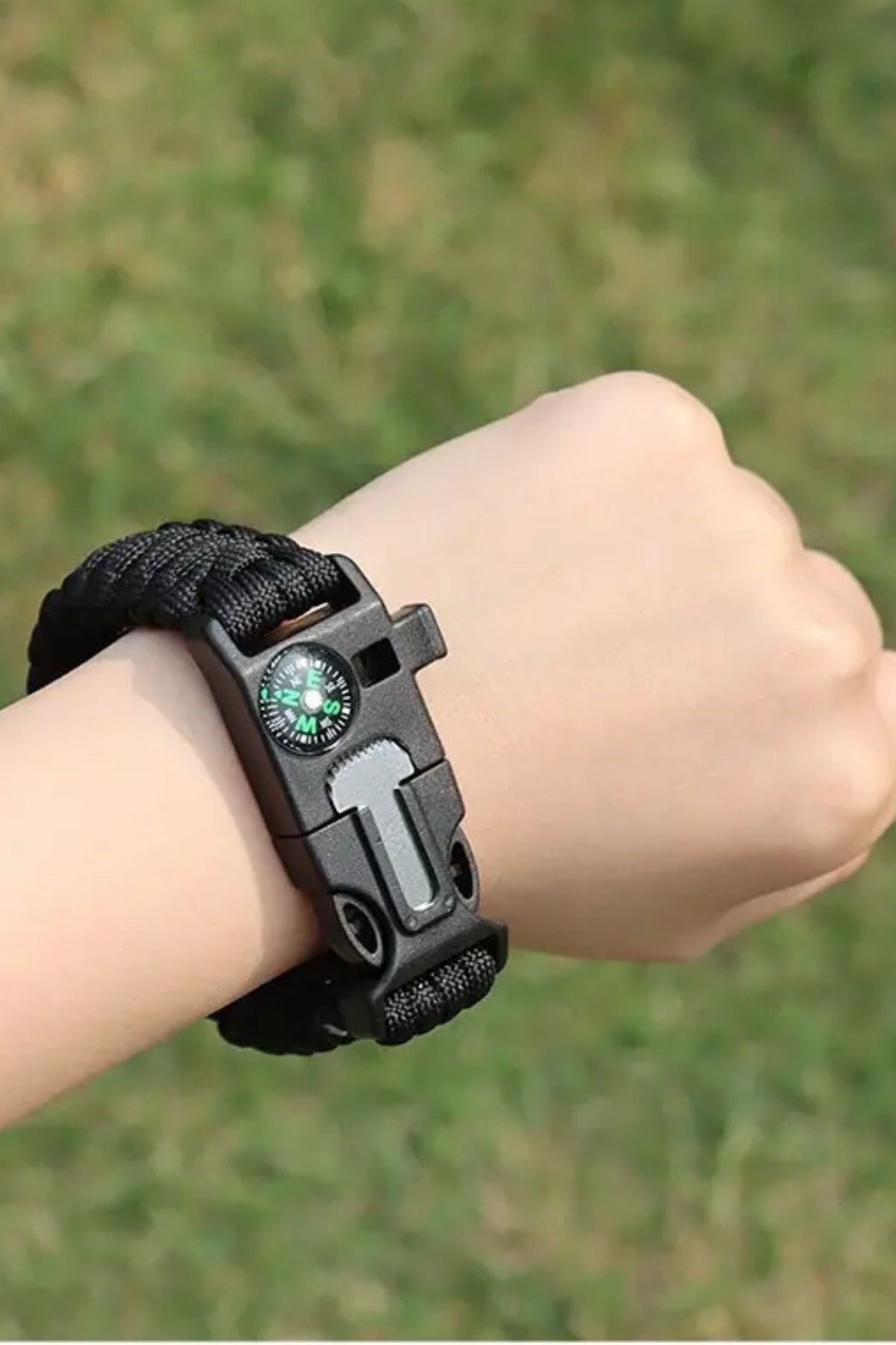 BUFFER® 5'i 1 Arada Çok Fonksiyonlu Hayatta Kalma Bilekliği Pusula, Düdük, Çakmak Taşı ve Şemsiye İpi Bileklik