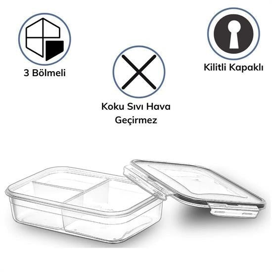 GENEL® 3 Bölmeli Kilitli Kapaklı 1 Litre Erzak Saklama Kabı LC-510