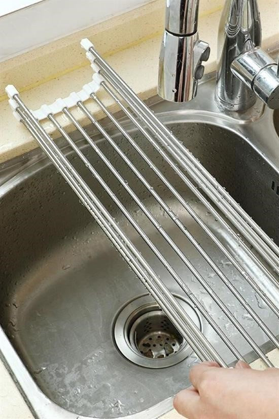 GENEL® Evye Üstü Katlanır Nihale Paslanmaz Çelik Pratik Sebze Meyve Bulaşık Kurutma Süzgeci