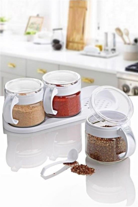 GENEL® Beyaz 3lü Standlı Kapaklı Kaşıklı Cam Hava Sızdırmaz Baharatlık Takımı KC-386