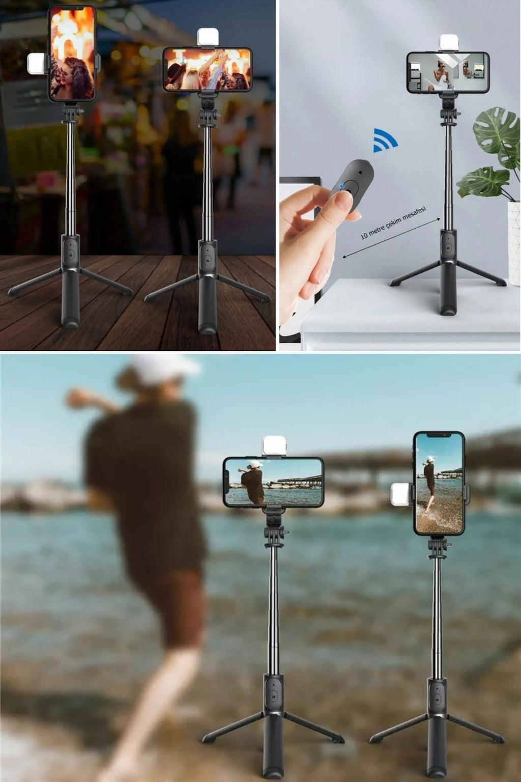 BUFFER® Kendiliğinden Işıklı Masaüstü Tripod Olabilen Telefon Tutuculu Kablosuz Kumandalı Selfie Çubuğu