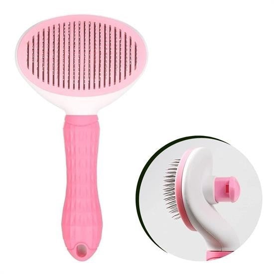 BUFFER® Kedi Köpek Tüy Toplayıcı Kendini Temizleyebilen Ergonomik Saplı Evcil Hayvan Tarağı Pembe - UcuzaGeliyor
