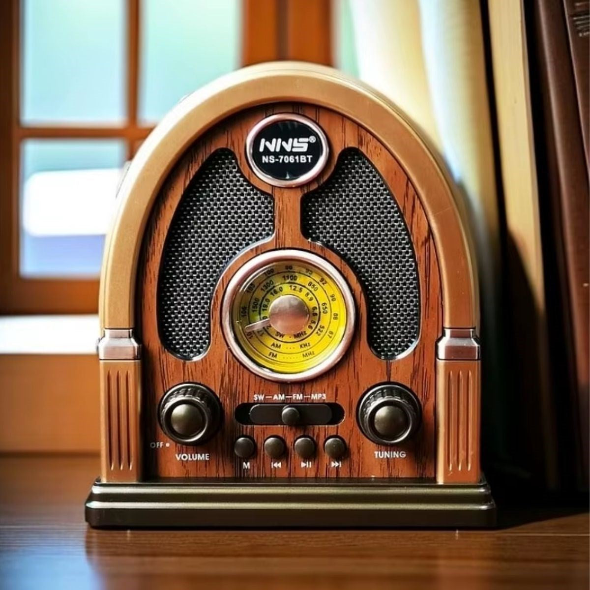 BUFFER® Orta Boy Kubbe Model Retro Ahşap Tasarım Bluetooth Hoparlörlü Radyo - FM/AM Destekli, Şarjlı ve Taşınabilir Radyo NS-7061