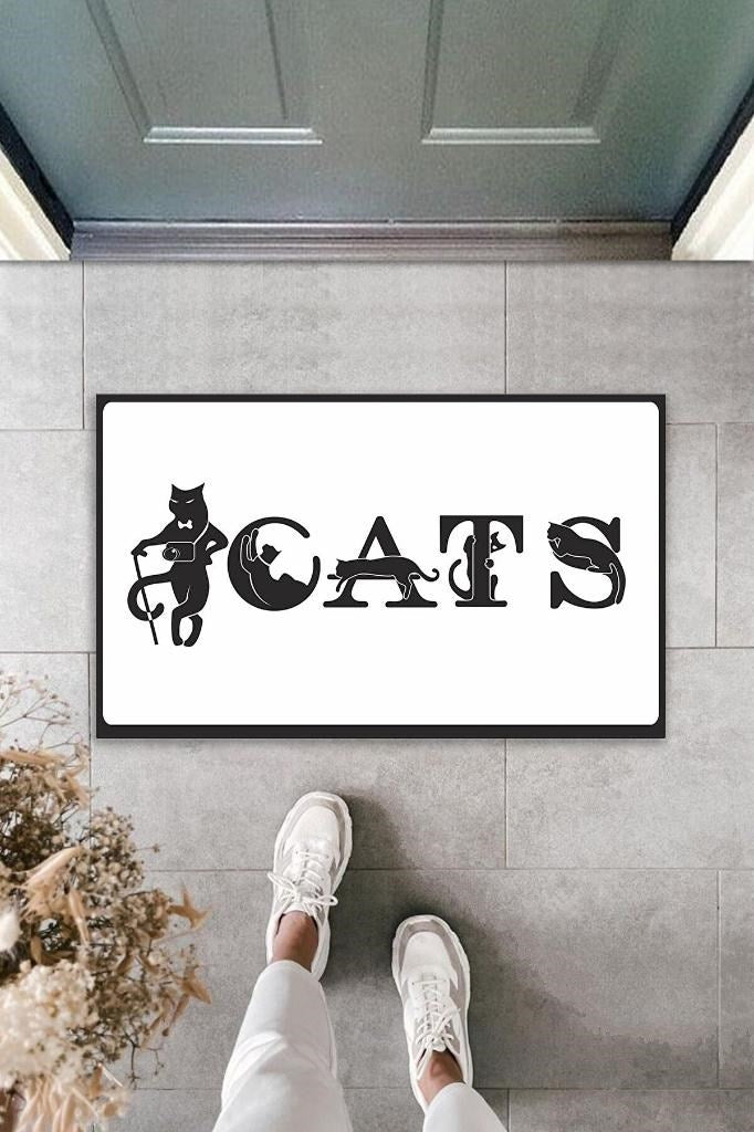 Dijital Baskı Beyaz Kedilerle Bezenmiş Cats Yazılı Dekoratif Kapı Paspası K-2028 - UcuzaGeliyor