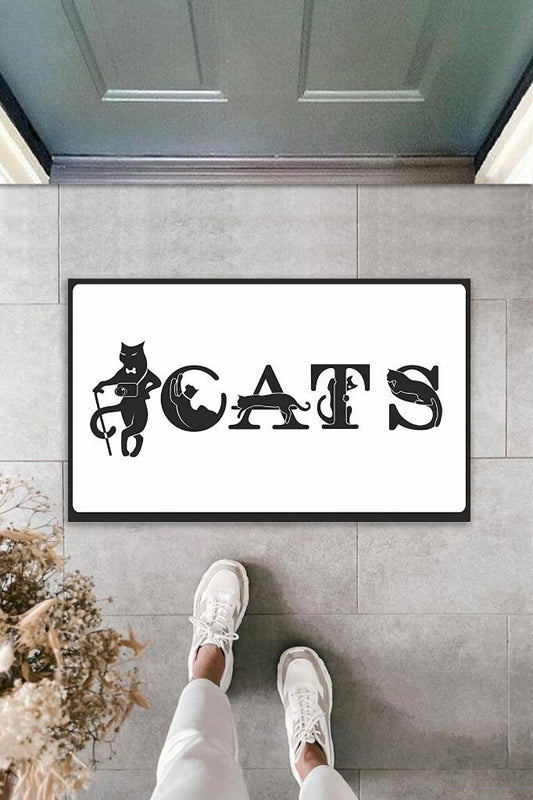 Dijital Baskı Beyaz Kedilerle Bezenmiş Cats Yazılı Dekoratif Kapı Paspası K-2028 - UcuzaGeliyor