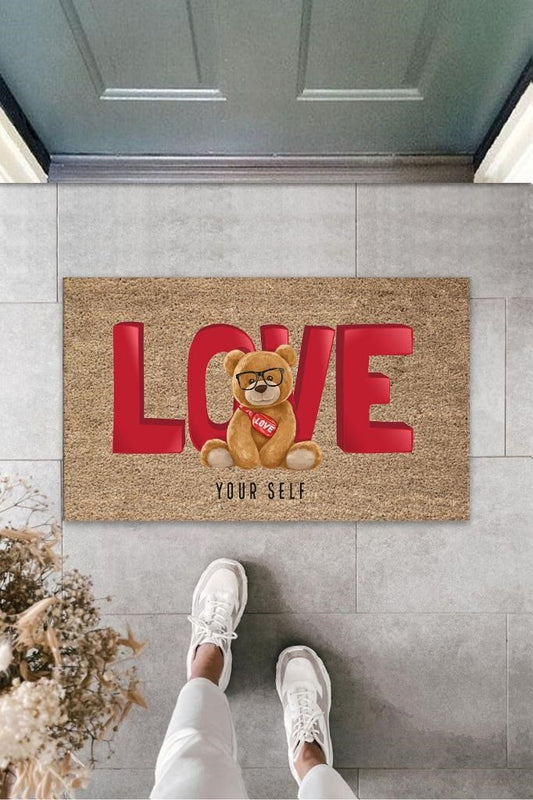 Kahverengi Kapı Önü Paspası Love Ayıcık Desen  K-3252 - UcuzaGeliyor