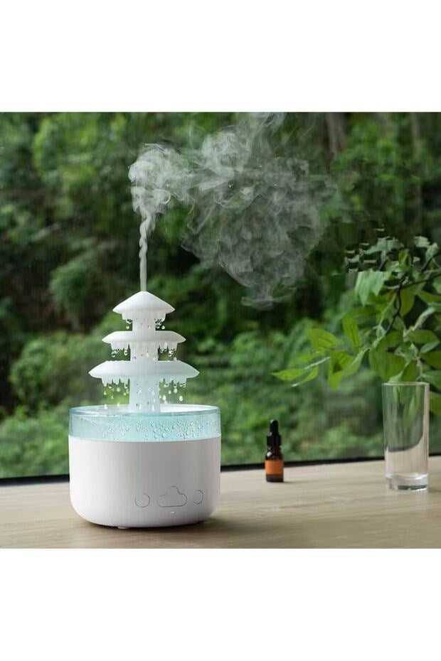 3 Katlı Şelale YAĞMUR Tasarımlı Ultrasonik Aroma Difüzör - 6 Renk LED Işıklı Hava Nemlendirici