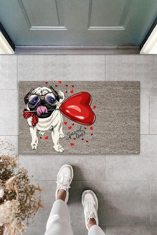 Dijital Baskı Gri Ağzında Kalpli Balon Tutan Gözlüklü Köpek Dekoratif Kapı Paspası K-2079 - UcuzaGeliyor