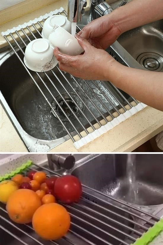 GENEL® Evye Üstü Katlanır Nihale Paslanmaz Çelik Pratik Sebze Meyve Bulaşık Kurutma Süzgeci