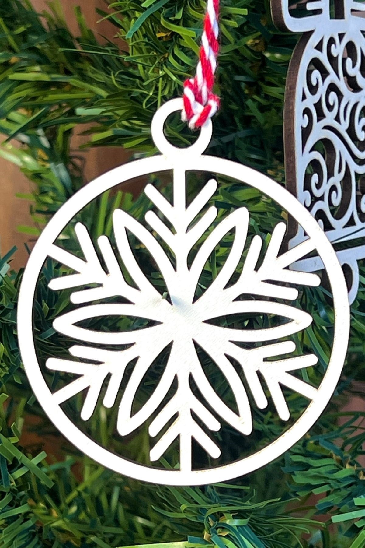 BUFFER® 10 Parça Kırmızı Beyaz İpli Karışık Model Ahşap Yılbaşı Ağaç Süsü