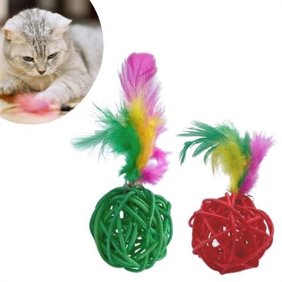 BUFFER® 2li Rattan Renkli Peluş Tüy Kedi Köpek Oyuncak Yakalama Çiğneme Çıngıraklı Top Oyuncağı - UcuzaGeliyor