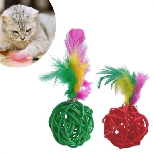 BUFFER® 2li Rattan Renkli Peluş Tüy Kedi Köpek Oyuncak Yakalama Çiğneme Çıngıraklı Top Oyuncağı - UcuzaGeliyor