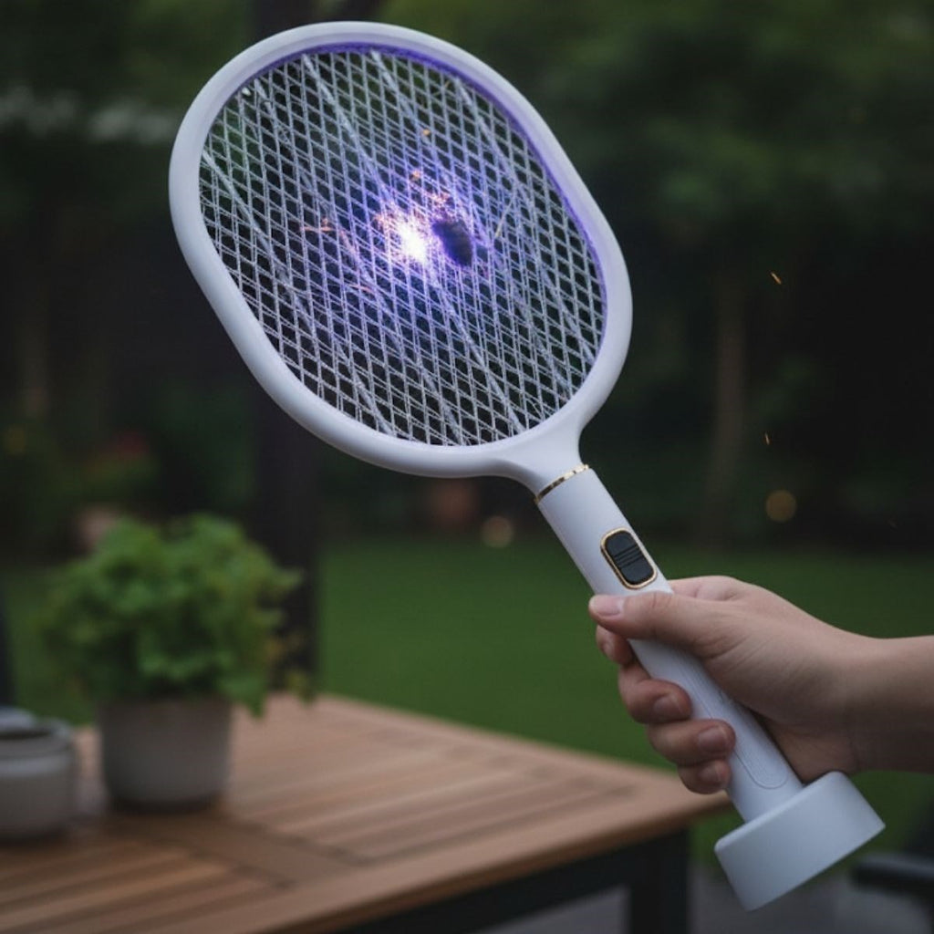 GENEL® USB Şarjlı Beyaz Renk Kendiliğinden Standlı Şarj Göstergeli UV Işıklı Sinek Öldürme Raketi LTD-718