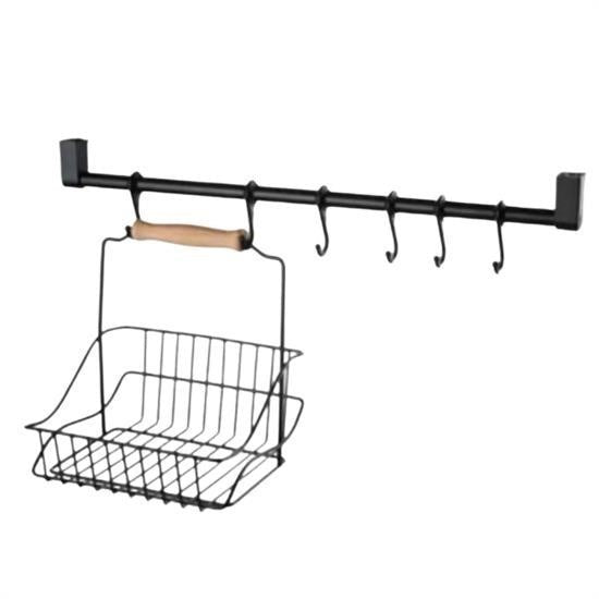 GENEL® Retro Ferforje Askılı Siyah  Ahşap Kulplu Düzenleyici Mutfak Sepeti
