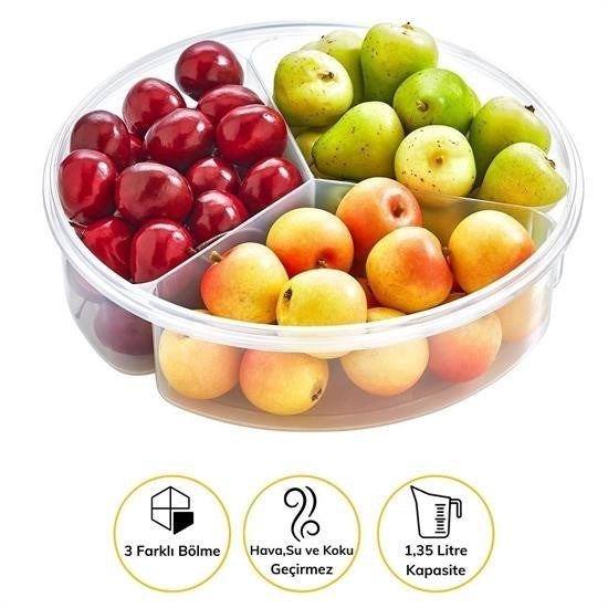 GENEL® 3 Bölmeli Sızdırmaz Contalı Kilitli Kapaklı 1,35 Litre yuvarlak Erzak Saklama Kabı LC-500