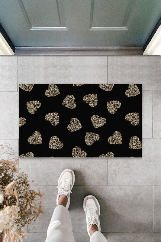 Siyah Kapı Önü Paspası Leopar Kalp Desen  K-3246 - UcuzaGeliyor