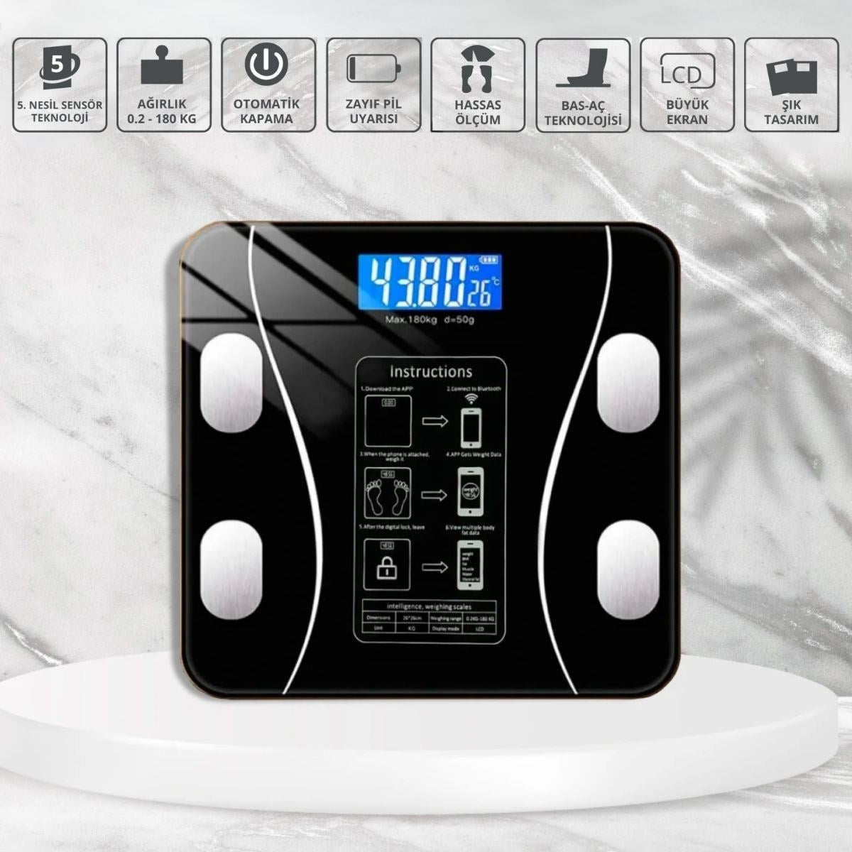 GENEL® Dijital Baskül Yağ Ölçer Fonksiyonlu Akıllı Baskül Bluetooth Bağlantılı Tartı