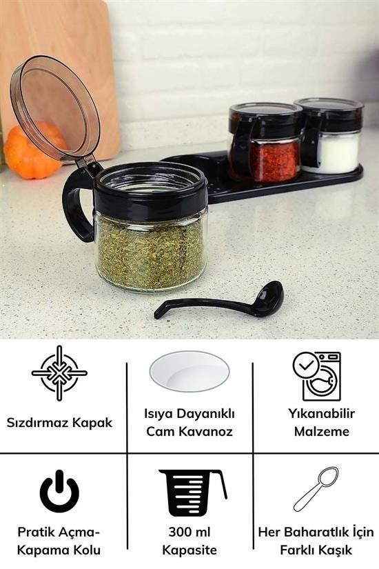 GENEL® Siyah 3lü Standlı Kapaklı Kaşıklı Cam Hava Sızdırmaz Baharatlık Takımı KC-386 - UcuzaGeliyor